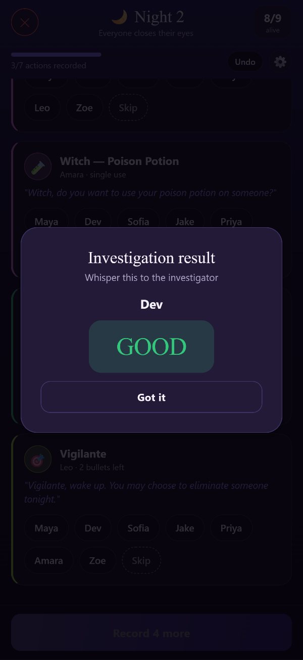 Investigation Result modal: Dev reads GOOD — whisper this to the Detective
