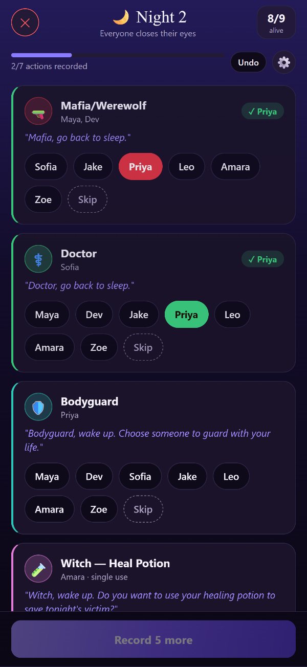 The night tracker: Mafia, Doctor and Bodyguard sections with tappable player chips and narration lines
