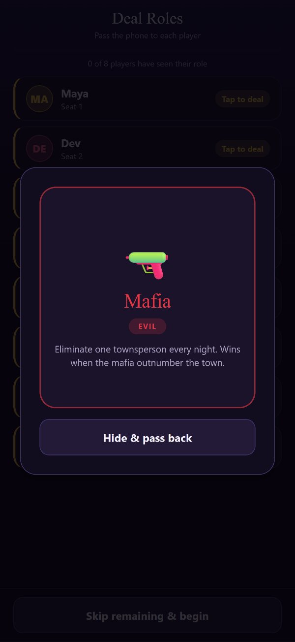 Pass-and-play role dealing: a hidden Mafia role card revealed mid-deal, with a Hide and Pass Back button